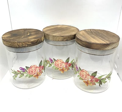3 Ashland Glass Canisters Containers Wooden Lid Spring Floral 4.75"x6.5" - Image 1 of 4