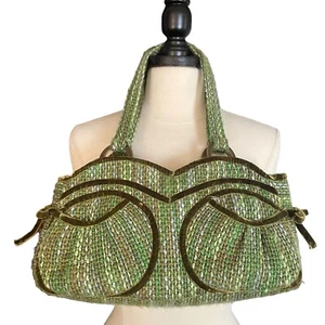 Shiraleah Boho Shoulder Tote Satchel Green Tweed Shoulder Bag Velvet Trim Preppy - Picture 1 of 14