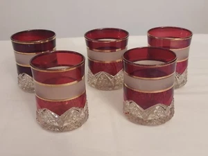 Antique EAPG Duncan RUBY STAINED Button Arches FROSTED BAND Gold TUMBLERS Set 5 - Picture 1 of 3