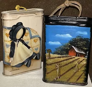 Bambola vintage arte popolare latta tabacco dipinto a mano Prince Albert scena fattoria e campagna - Foto 1 di 19