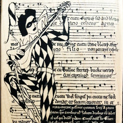 Bufón tocando sitar partitura sello de goma madera grande de Stampers Anonymous Foto 1 de 4