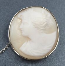 Shell Cameo Sterling Silver Brooch with Safety Chain