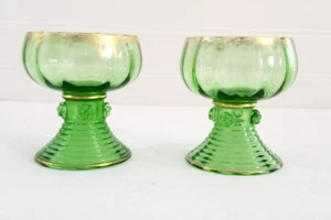Set of 2 Vintage Champagne Glasses Green and Gold 3.5" Roemer beehive - Picture 1 of 14