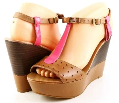 $250 JUICY COUTURE KATI Caramel Pink Leather Designer Fashion Wedge Sandals 7.5  - Image 1 of 4