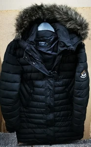 Superdry Womens Black Puffer Long Coat 10 Removable Fur Trimmed Hood Exc - Picture 1 of 6