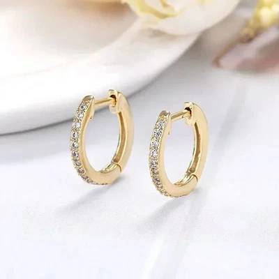 Pendientes de aro tono dorado para mujer redondos brillantes circonitas pulidas joyas modernas Foto 1 de 4