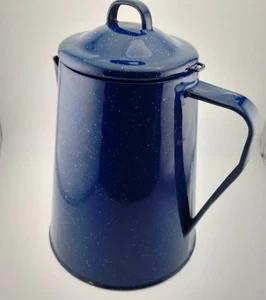 Vintage blau Perkolator Emaillegeschirr mit Stiel und Korb groß 8 Tassen Camping Haus - Bild 1 von 12