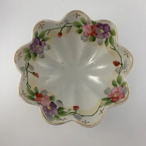 Antike Nippon Schale handbemalt Blumen gold vergoldet 3-Fuß Porzellan LESEN - Bild 1 von 17