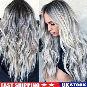 Ladies Bleach Grey Long Curly Wigs Womens Ombre Party Wavy Hair Cosplay Wig - Picture 1 of 9