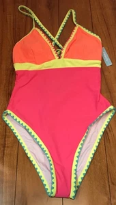 POPVIL 1 piece swimsuit women's neon colorblock halter tie scoop open back Large - Picture 1 of 3