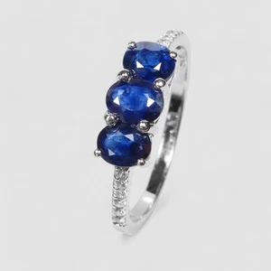 Elegant Blue Sapphire 925 Sterling Silver Finish Fine Jewelry Three Stone Rings - Picture 1 of 9