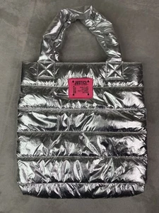 Justice Silver Metallic Puffer Tote Bag Quilted Pink Lining Double Handles - Picture 1 of 11