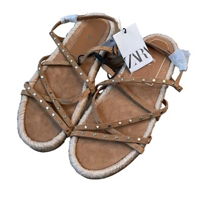 Sandalias Zara Sand Beige Marrón Tostado Tachonado Gamuza Cuero Tirantes Alpargata 40 9 Foto 1 de 4