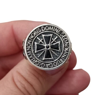 Sterling Silver Men Templar Ring Non Nobis Domine Stamped 925 Nickel Free - Image 1 of 4