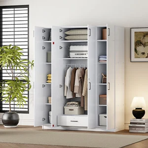 4 Doors Freestanding Wardrobe Armoire Closet Organizer Cabinet Drawer, Shelves - Picture 1 of 12