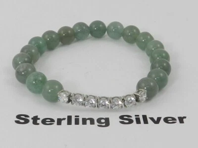 Brazalete elástico de jade natural (8 mm) de circonitas cúbicas en plata de ley Foto 1 de 3
