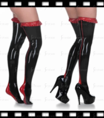 Латексные чулки с верхними красными оборками сексуальные классные унисекс индивидуализированные 0,4 мм I13 - Изображение 1 из 4