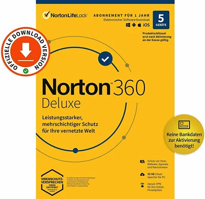 NORTON 360 Deluxe 2025 5 Geräte |PC,Mac,Android,iOS| Internet Security /kein ABO - Bild 1 von 4