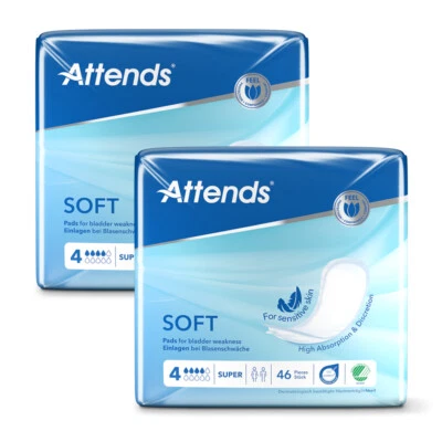 Attends Soft 4 Super Unisex Discreet Incontinence Pads - 2 Packs of 46 (92 pads)