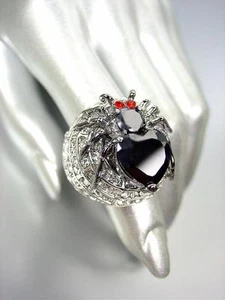Anello cocktail grosso oro bianco 18 kt placcato ragno vedova nera zirconi neri cristalli - Foto 1 di 7