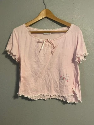 Vintage Top Womens Medium Pink Lace Trim Lettuce Hem Bow Tie Hearts Coquette Y2K - Image 1 of 4