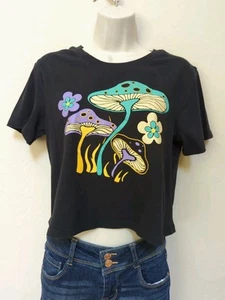 Self Esteem Novelty Tee Junior Sz XS Mushroom Graphics Cropped Short Sleeve - Picture 1 of 9