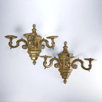古董黄铜帝国风格3臂烛台壁灯一对2件批量13小时 — 第 1/4 张图片