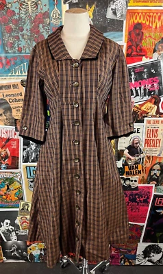 Vestido Abrigo Columpio Vintage Años 50 Marrón y Naranja Cuadros Neiman Marcus Cuello Talla 2 Foto 1 de 4