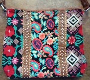 Montana West-Women's Embroidered Bright Color Floral Silver Studded Shoulder Bag - Picture 1 of 9