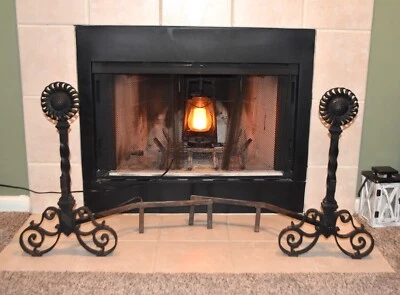 Bold & Rare Antique Wrought/Cast Iron Sunflower Topped Andirons 26.5" H Cir 1900 - Image 1 of 4