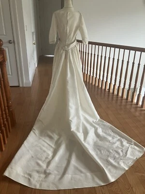 Vestido de noiva clássico vintage início dos anos 50 marfim tafetá gola barco com trem! XS - Imagem 1 de 4
