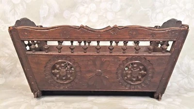 Vintage Diminutive Carved Wooden Cradle Pressed Designs and Spindles - Image 1 of 4