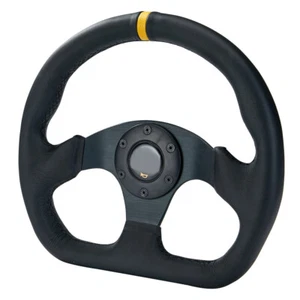 Leather Universal 13" 320mm Yellow Ring Racing Flat Drift Steering Wheel Black - Picture 1 of 6