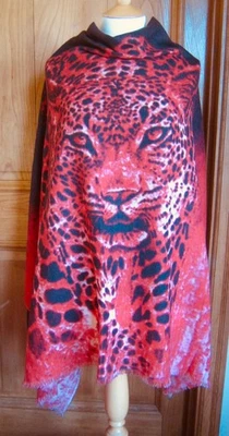 Rare Stunning BLUE AREA Cashmere Silk Wool Leopard Red Designer Shawl Wrap BNWOT - Image 1 of 4