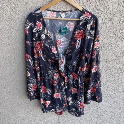 NWT Roxy Long Sleeve Floral Romper Sz. L Pockets Tie Front Navy Blue - Image 1 of 4