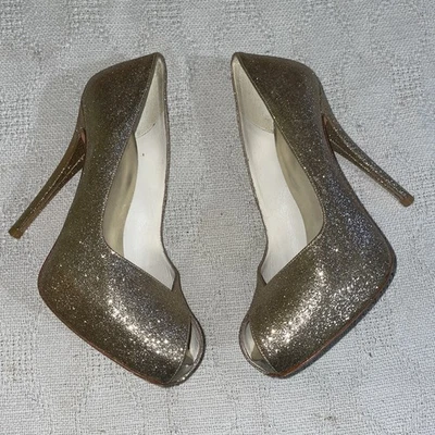 Stuart Weitzman Tacones Elegantes Mujer Talla 7.5 M Dorado Brillante Salir de Fiesta Foto 1 de 4
