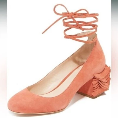 Zapatos de salón Loeffler Randall tacón rosa polvoriento gamuza talla 8,5 con cordones y volantes Foto 1 de 4