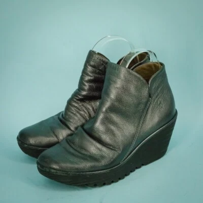 Fly London 38 尺码 7.5 8 US 石墨灰色 Yip 拉链皮革楔形踝靴 — 第 1/4 张图片