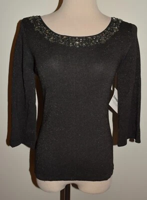 New Womens Joseph A Sweater Small 3/4 Sleeve Gray Metallic Jewel Neckline Top - Image 1 of 3