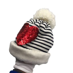 GAP Kids Girls Striped Sequin Heart Fleece Lined Beanie Hat Knit Sz M/L Holiday - Picture 1 of 8