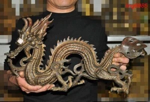 antica Cina antica bronzo dorato fengshui ricchezza animale fortunato statua drago Loong - Foto 1 di 9