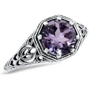 GENUINE AMETHYST CLASSIC ART DECO STYLE 925 STERLING SILVER RING #877 - Picture 1 of 6