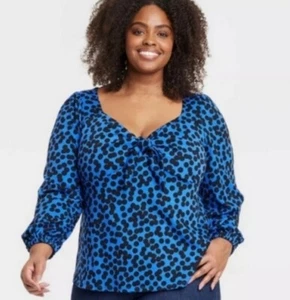 Ava & Viv Top Womens 2X Blue Black Polka Dot Blouse V-Neck Balloon Sleeve Career - Picture 1 of 11