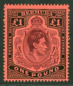 SG 121b Bermudas 1938-53. £1 púrpura pálido y negro/rojo, perfecto 14. Un fino fresco... - Imagen 1 de 1