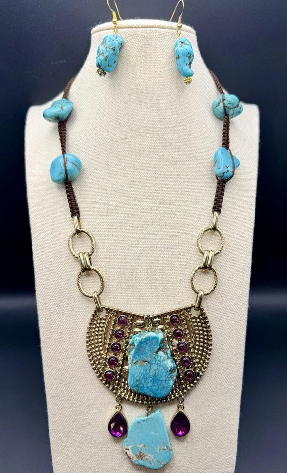 Genuine Turquoise Nugget Earring And Nexklace Set, Purple Cabochon Accents - Image 1 of 4