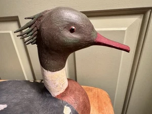 VINTAGE MERGANSER Male DUCK DECOY 18" Cork, Glass Eye, Artist Signed Restoration - Picture 1 of 4