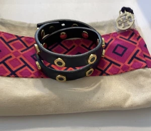 Tory Burch Double Wrap Navy Blue Leather Gold Tone Logo Bracelet - Picture 1 of 7