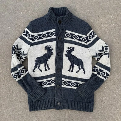 Y2K Abercrombie & Fitch Fair Isle Cabin Cardigan Blue Moose Wool Sweater Sherpa - Image 1 of 4