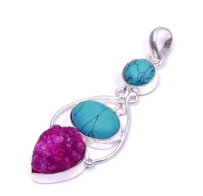 Colgante Joyería Hecho a Mano Titanio Druzy Santa Rosa Turquesa 2.5"" w749 Foto 1 de 3