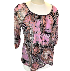 INC - Women's 1X Blouse Pink Orange Paisley Stretch Mesh Sleeve Cutouts - Picture 1 of 14